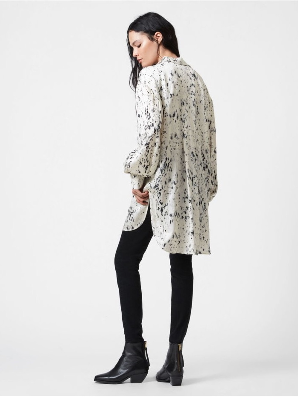 NWT AllSaints Eleanor Yermo Ecru Speckle Print Oversized Shirt US 10